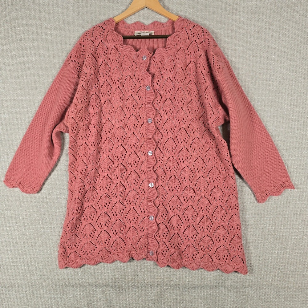 Cynthia‎ Todd Vintage Pointelle Scalloped Cardigan Sweater Pink USA Large